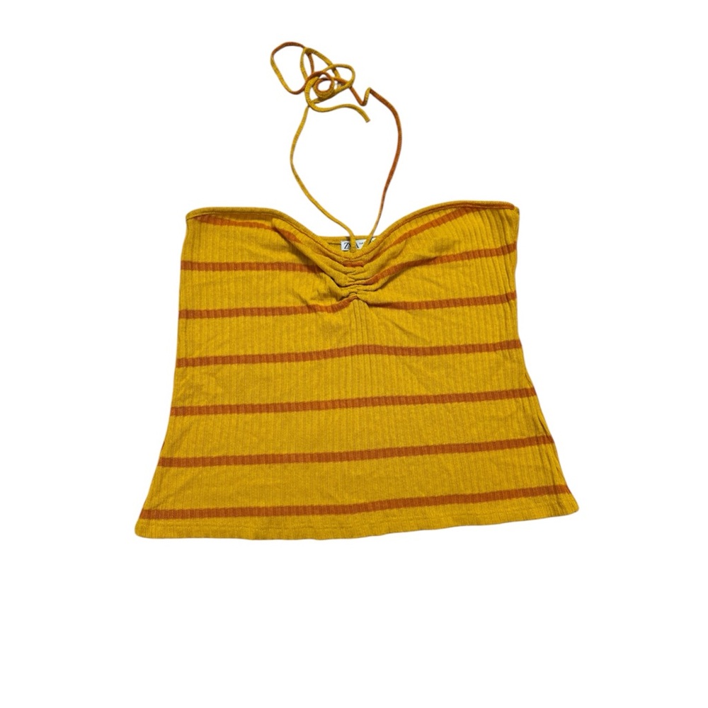 Zara Ribbed Yellow and Orange Striped Halter Top